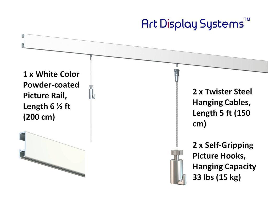 Art Display Systems White Click Rail w/ Twister Steel Cables Starter Kit - ART DISPLAY SYSTEMS