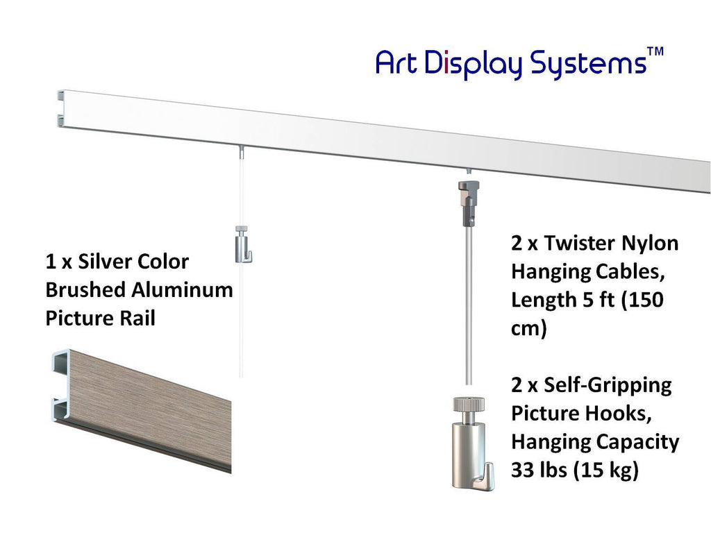 Art Display Systems Silver Click Rail w/ Twister Nylon Cables Starter Kit - ART DISPLAY SYSTEMS