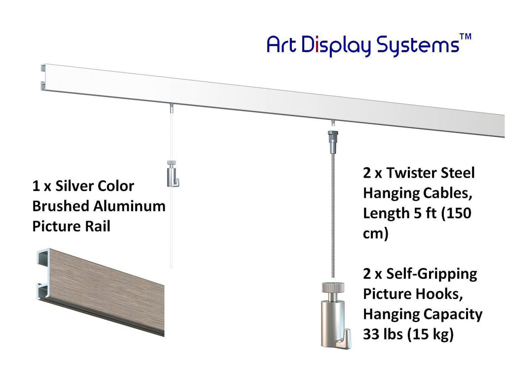 Art Display Systems Silver Click Rail w/ Twister Steel Cables Starter Kit - ART DISPLAY SYSTEMS